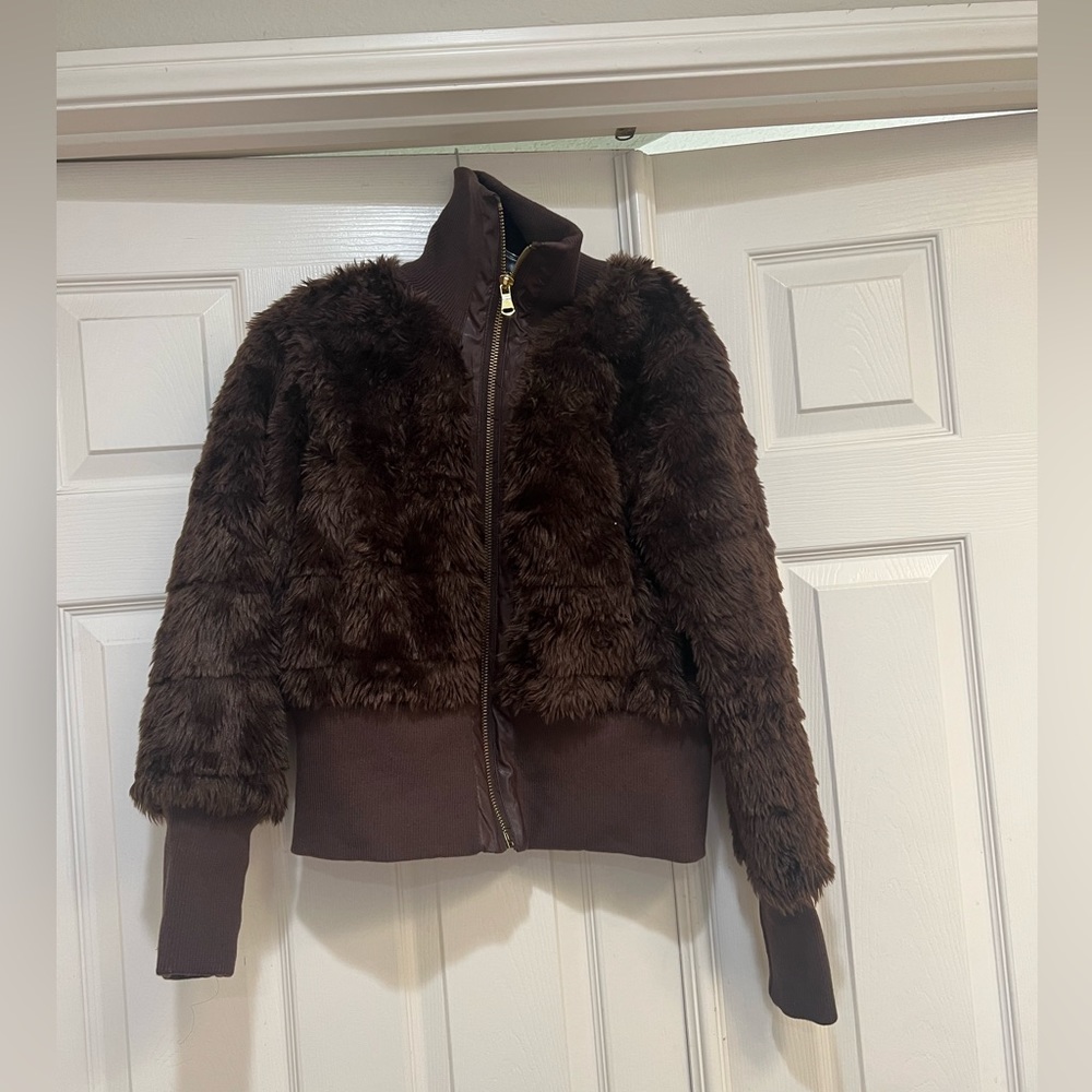Brown Faux Fur Bomber Mobwife Jacket. Size large